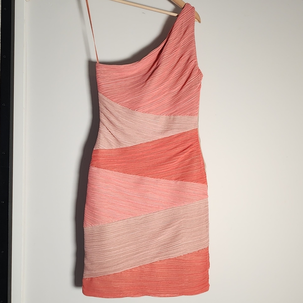 BCBGMaxAzria One-Shoulder Coral and Pink Dress
